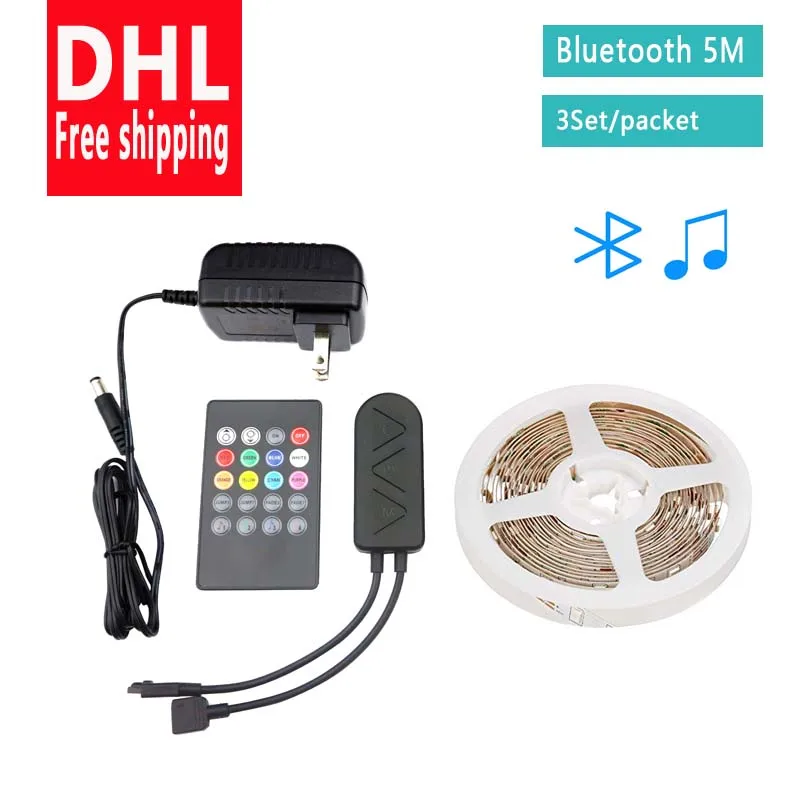 

DHL Free Shipping 3sets/pack DC12V 5050 LED Strip RGB 30LEDs/m 5M with Bluetooth Controller and 1.5A power supply LED Strip set