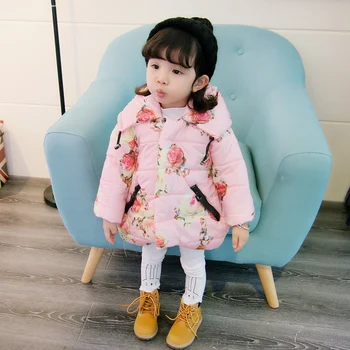

Winter Baby Girl Outerwear Flower Print Casual Hoodie Zipper Kids Coat Outfits Tops Warm