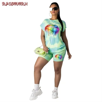 

2019 Tie Dye Red Lip Two Piece Short Plus Size Set Women Casual Tracksuit Summer Fashion Tops Short Pants Sequin 2 Piece Outfit