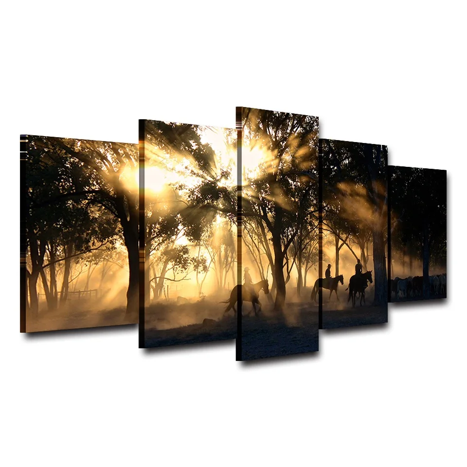 Canvas-Wall-Art-Pictures-Home-Decor-Living-Room-5-Pieces-Morning-Sunrise-Forest-Tree-Horses-Painting (1)