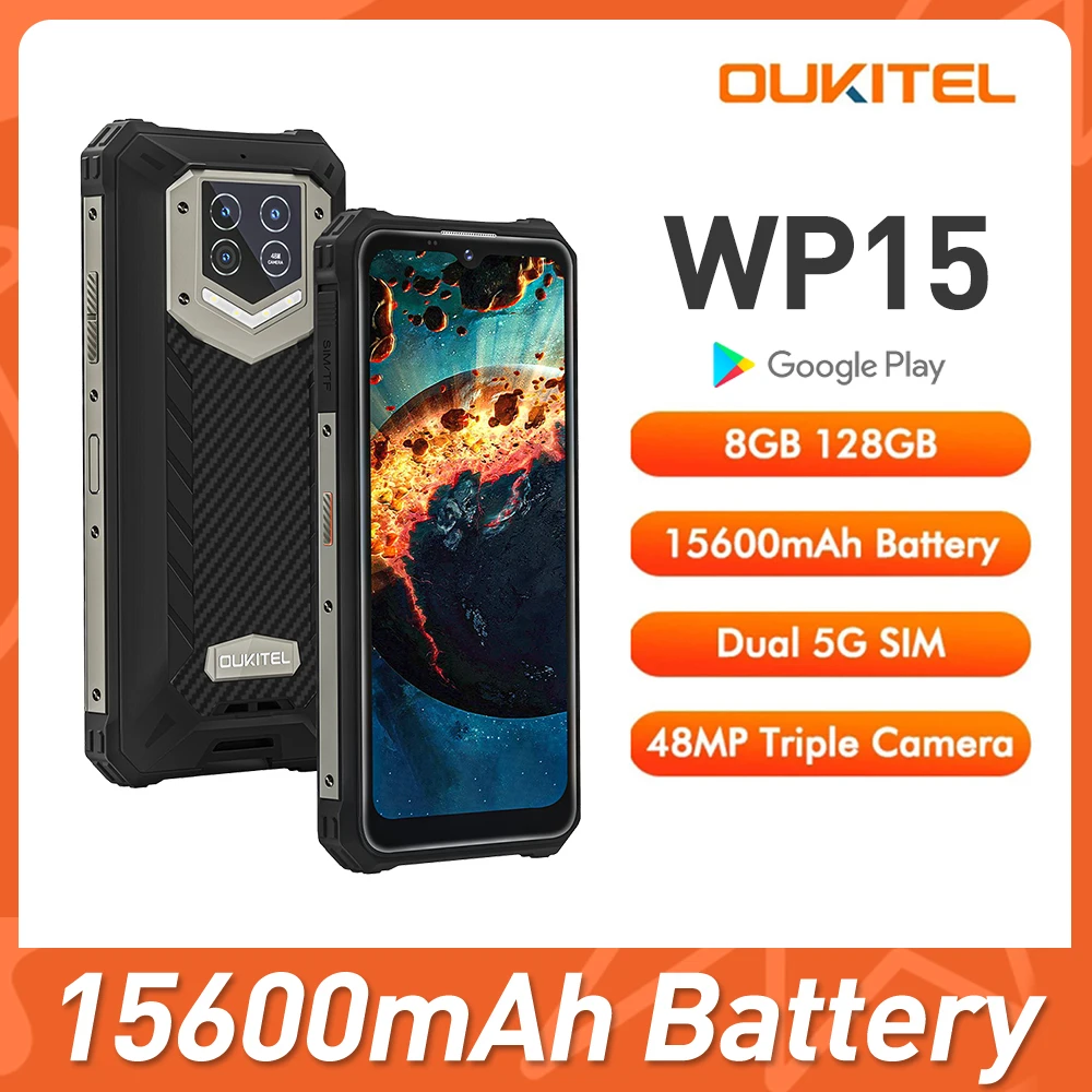 OUKITEL WP15 водонепроницаемый Smartphone15600mAh 8 ГБ + 128 6 5 &quotAndroid 11 48MP Тройная камера