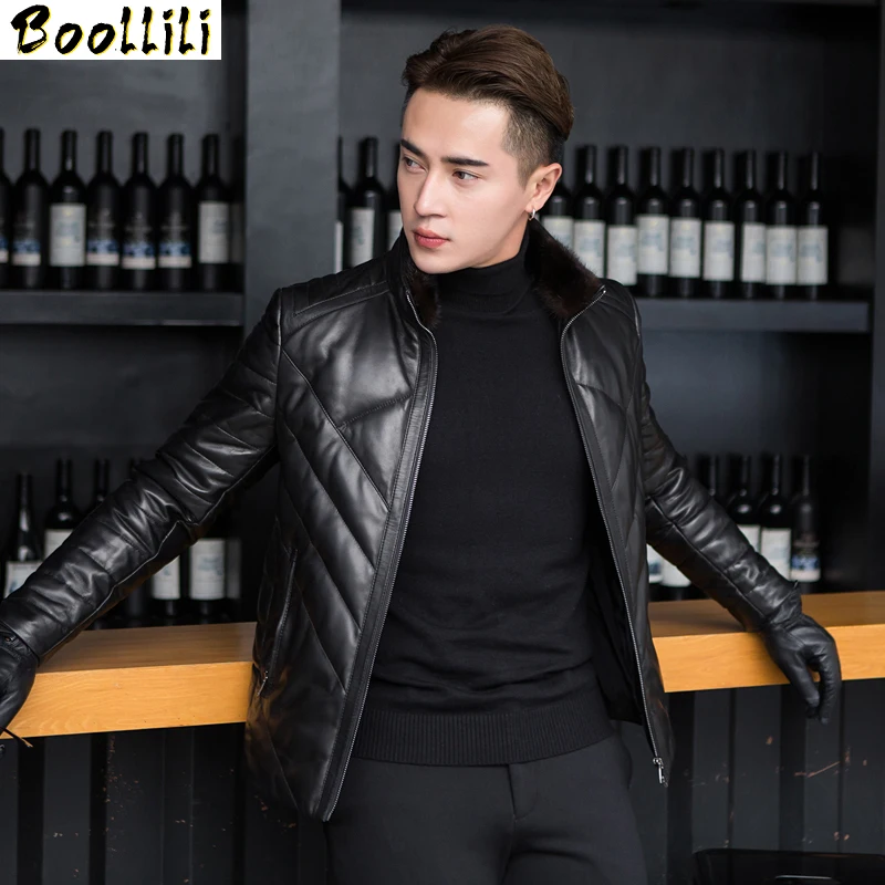 

Boollili Genuine Leather Jacket Winter Sheepskin Coat Mink Fur Collar Real Leather Jackets Chaqueta Cuero Hombre