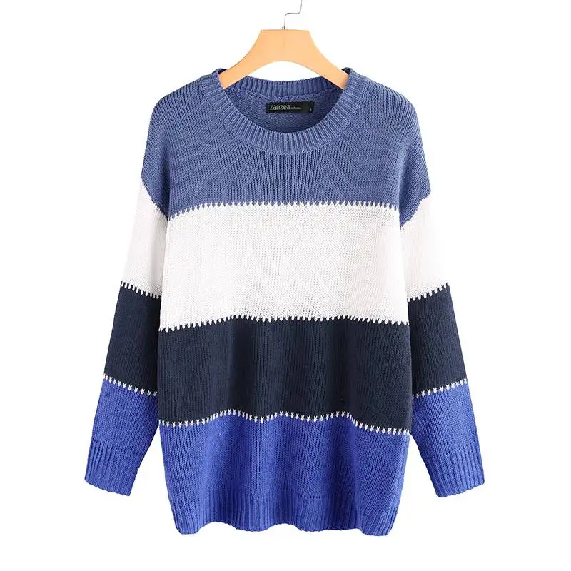 ZANZEA мода, женский зимний свитер с длинным рукавом, полосатый свитер, повседневный лоскутный пуловер, Женский вязаный Топ, джемпер - Цвет: Синий