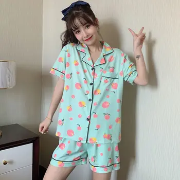 

2 Pcs Pajamas Suit Soft Thin Comfy Cartoon Printed Sleepwear Set Loose Lovely Top Shorts Home Wear Suit For Ladies