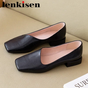 

Lenkisen classic color full grain leather square toe low heel leisure shoes women handmade gentlewomen daily slip on pumps L0x