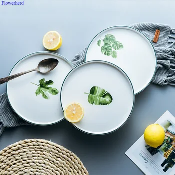 

Tableware Green Plant Plate Nordic Ceramic Tableware Creative Ceramic Plate Simple Western Steak Plate Dinner Plate Disc