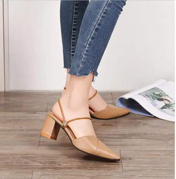 

Party chic women scorpion slippers pointed toe baffle closed shallow high heel shoes sandals 2021 apricot beige Korean pump