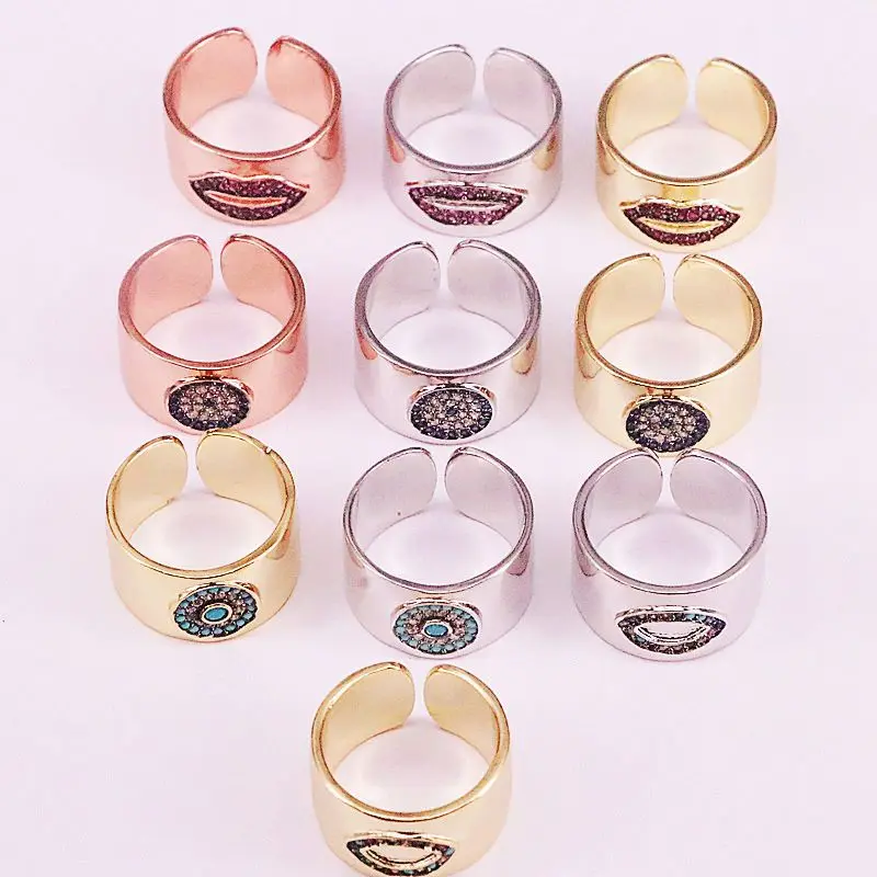 

8Pcs 2019 Fashion Jewelry Adjustable Rings, Mix Color CZ Zircon Micro Pave Lips and Eyes Rings