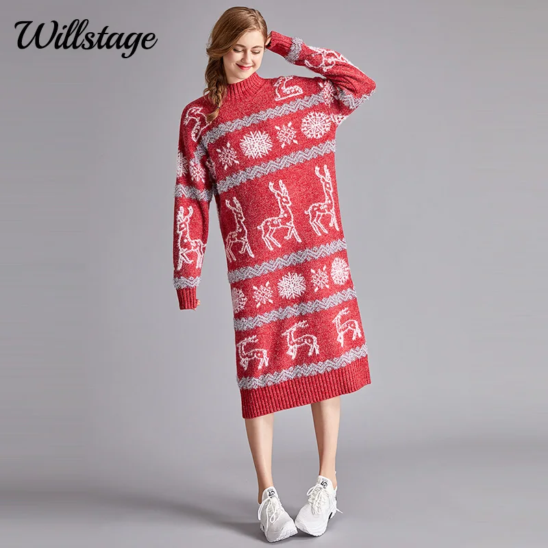 Willstage Рождественский свитер платье для женщин новогодний олень снежинки