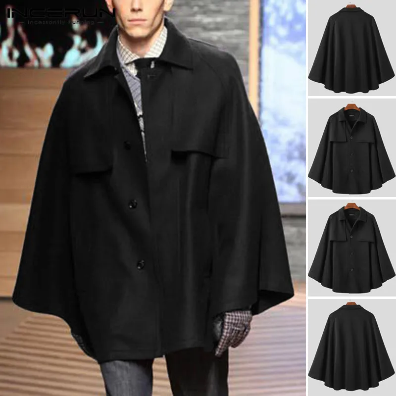 

2020 Autumn Warm Solid Color Overcoats Jackets INCERUN Mens Fashion Single Breasted Cloak Capes Man Loose Lapel Neck Ponchos 5XL