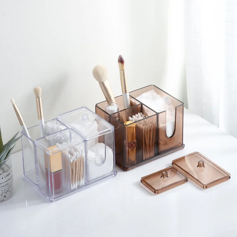 

4 Slots Cotton Pad Organizer Clear /Coffee Cotton Swab Storage Box Makeup Organizer With Cover Dustproof Brush Holder