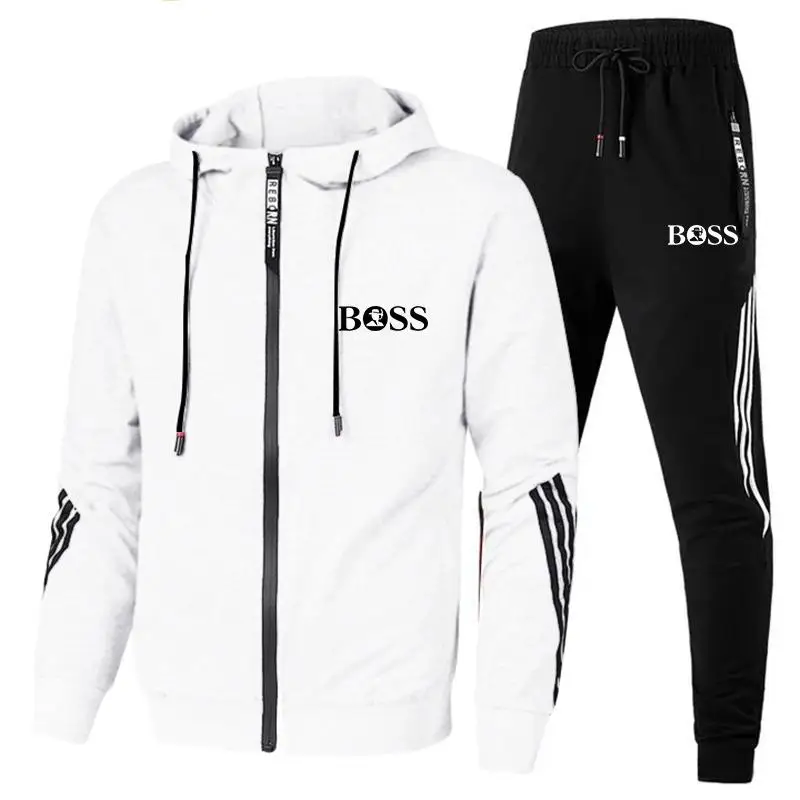 

2020 Tracksuit Set Men Autumn Spring Stripe Sportwear Men Zipper Coat Pants 2 Piece Sets Sweat Suit Sporting Fitness Sets XXXL