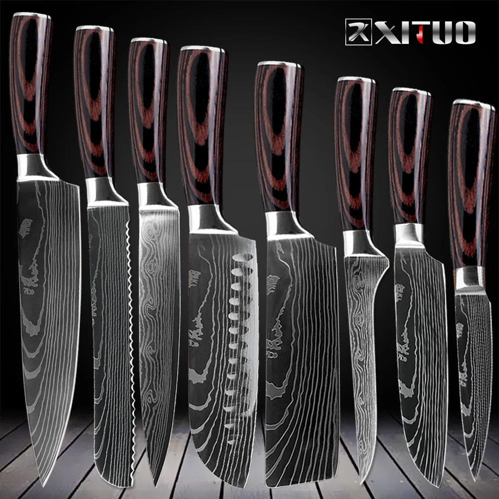 

XITUO Kitchen Chef Knives Set 8 inch Japanese 7CR17 440C High Carbon Stainless Steel Damascus Laser Pattern Slicing Santoku Tool