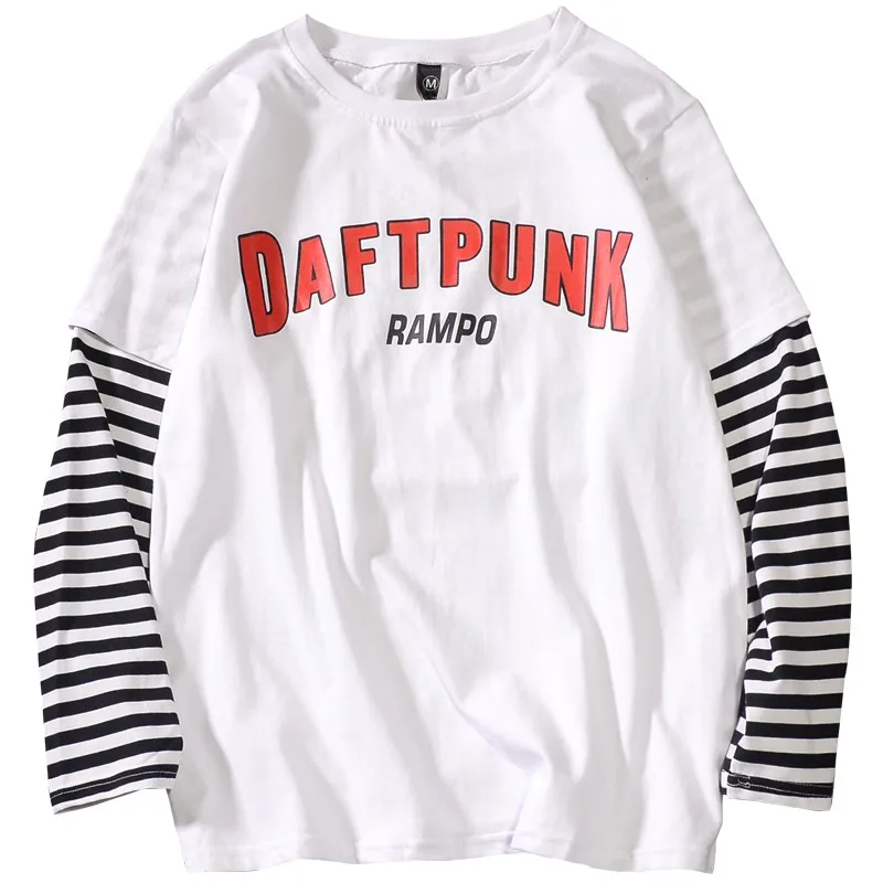 

New Fashion Autumn Long Sleeve T-shirt Men Casualwear Strip Fake Two Piece T shirts Men HIgh Street Fashion Top Tee
