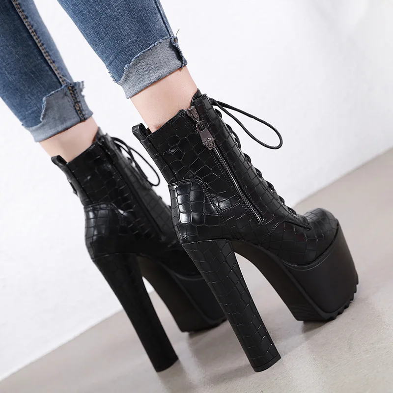 

Zipper Lace Up Round Toe Chunky Heel Bootee Woman 2019 High Heels Boots Women Women's Rubber Shoes Rain Clogs Platform Stiletto
