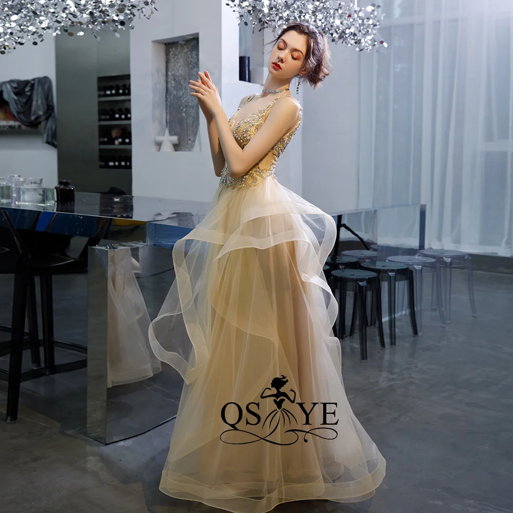 QSYYE длинные платья для выпускного вечера тюль v-образным вырезом vestidos largos Бисероплетение пол ruched длина вечернее платье вечерние платья