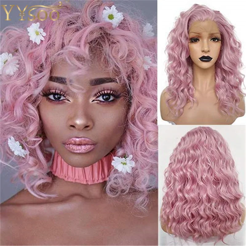YYsoo 13x4 Синтетические волосы на кружеве парики Короткие Розовые синтетические Синтетические волосы на кружеве парики розовый вьющиеся парик для Для женщин повседневные Применение Термостойкое волокно
