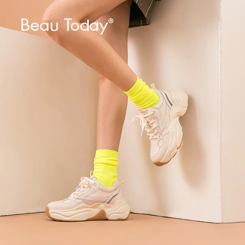 

BeauToday Chunky Sneakers Women Dad Shoes Genuine Cow Leather Lace-Up Top Brand Lady Casual Thick Sole Handmade 29325