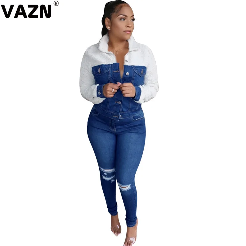 VAZN new Design fashion Casual Ripped Hole Denim Pants punk women Blue Jean Pants Pencil Long Denim Pants