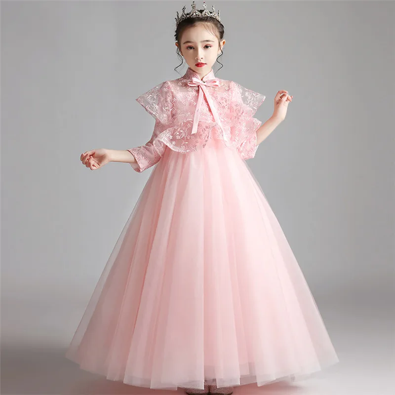 Корейское милое детское элегантное розовое Пышное Платье принцессы на свадьбу, день рождения, вечеринку детское осеннее длинное платье