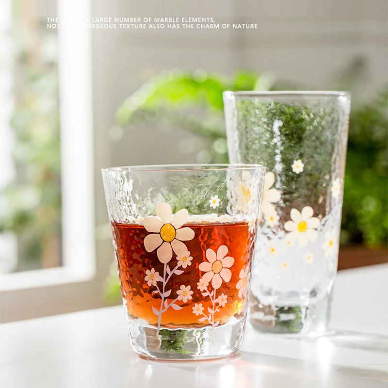 

Lead-Free Crystal Glass Cup Heat-Resistant Tea Coffee Beverage Cup Insulated Transparent Glass Daisy Pattern Water Cup Home