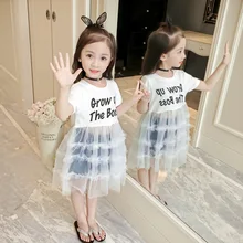 Летний Повседневный Сарафан для девочек; платье-футболка с короткими рукавами и буквенным принтом; Многослойная юбка в сеточку для маленьких детей