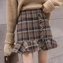 Lychee для девочек, Женская юбка в клетку, повседневная, расклешенная, Осень-зима, для девушек, высокая талия, оборки, пуговицы, мини-юбки для женщин