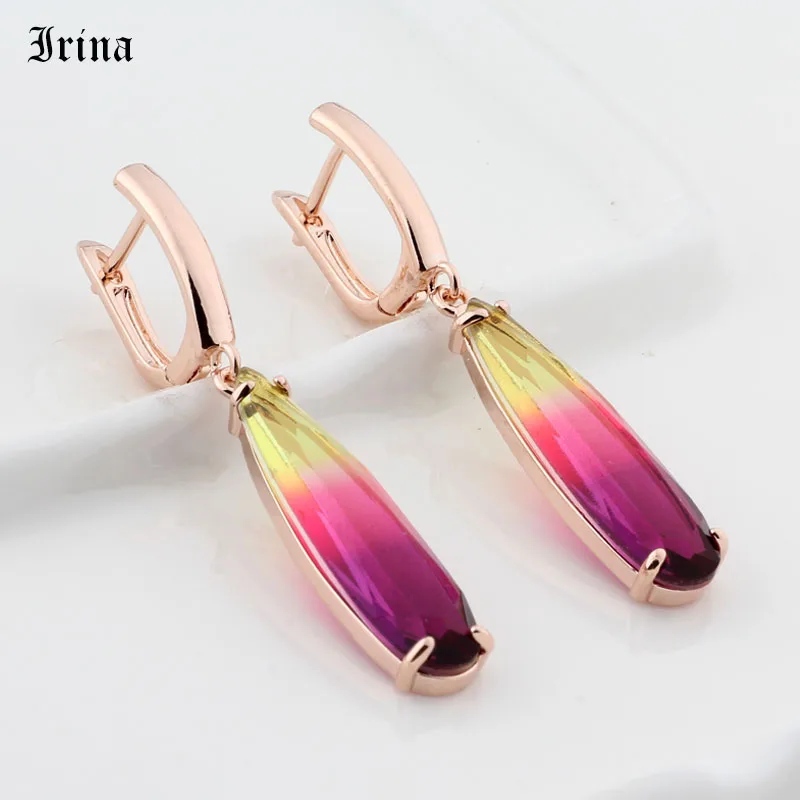 Rose Gold Long Earrings Water Drop Colorful Natural Zirconia Dangle Jewelry Gift