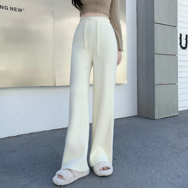 2022 Spring New Women High Waist Mink Fur Long Pants Draped Long Wide Leg Pants Female New Slim Knits Trousers Female cargo pants