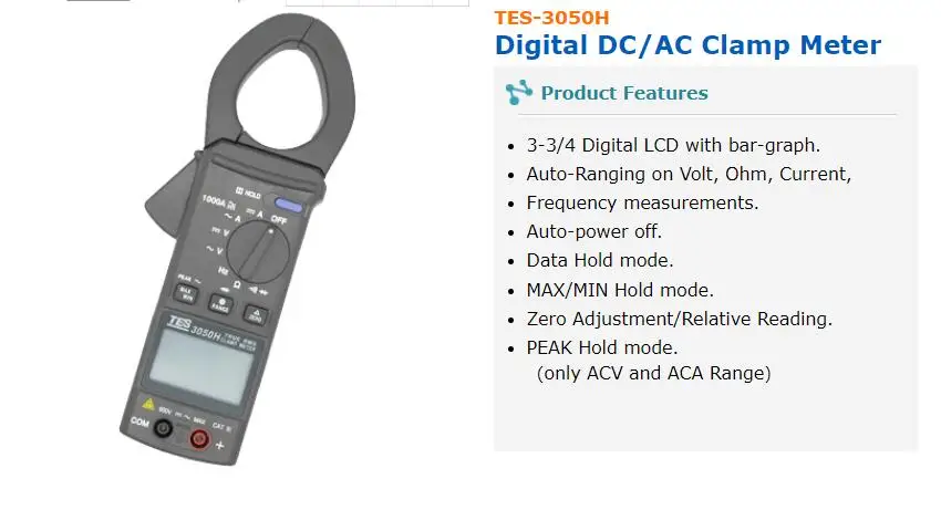 TES-3050H Digital DC / AC Clamp Meter 3-3/4 LCD with bar-graph 1000A