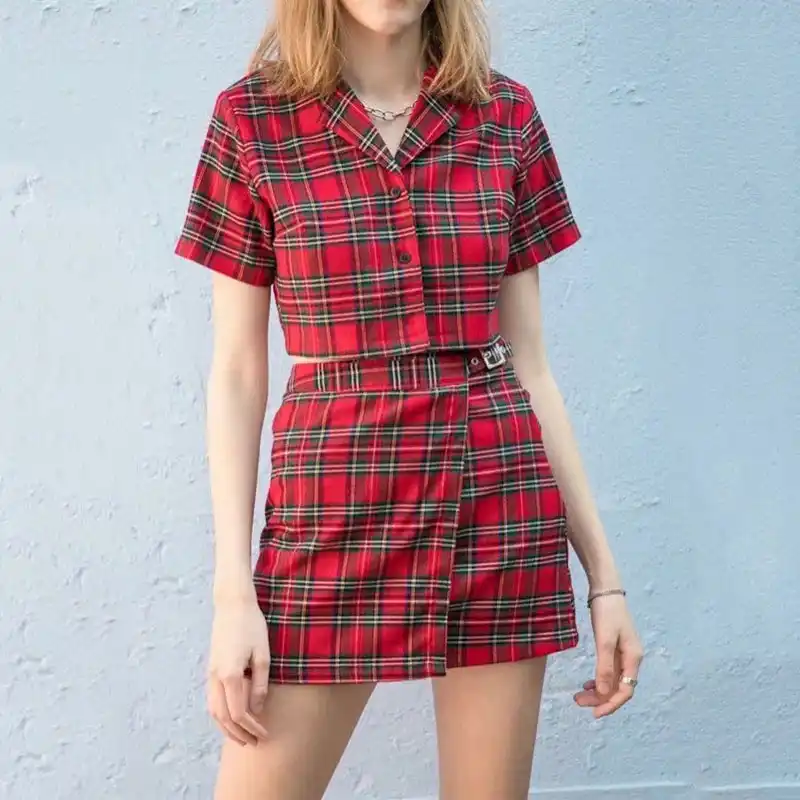 black and white plaid skirt set