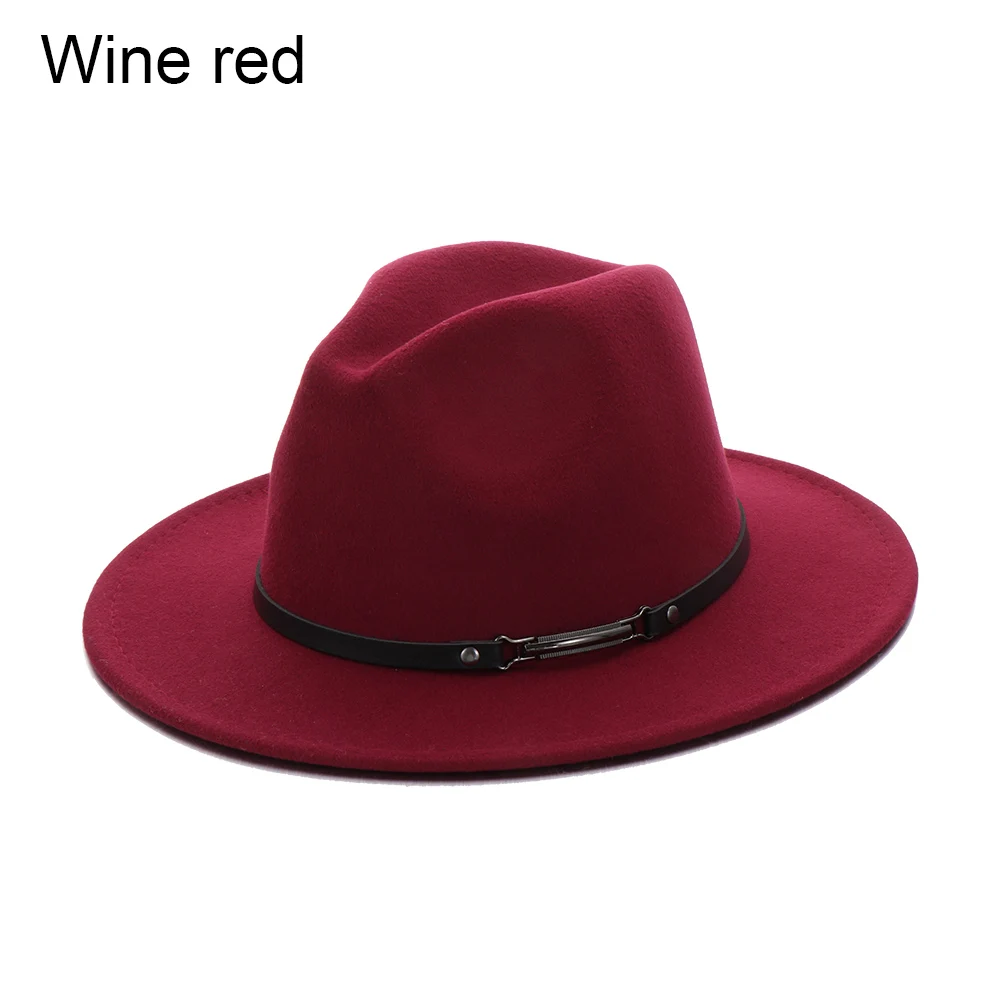 wine red Модная элегантная фетровая шляпа для мужчин и женщин с широкими полями, широкополая Панама, ковбойская шляпа, винтажная джазовая шляпа, вечерние, декоративная лента, кепка, подарок - Цвет: wine red