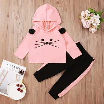 

2020 Winter Children Sets Casual Long Sleeve O Neck Print Mouse Hoodies Patchwork Trousers Cute 2Pcs Girls Clothes Sets 0-24M