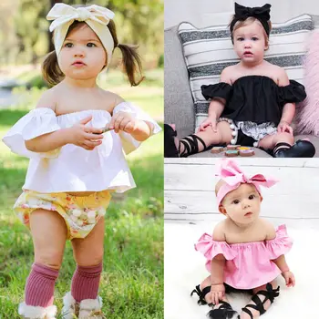 

Cute Newborn Baby Girl Solid Off The Shoulder Short Ruffle Sleeve Crop Tops Summer Casual Loose T-shirt Tops