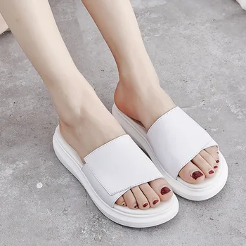 

SWONCO White Shoes Women's Genuine Leather Summer Slippers Platform 2020 Sliver/black Causal Beach Slippers For Women Slides