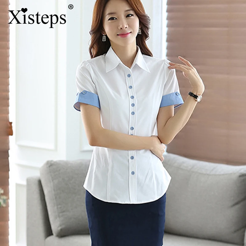 

Nonis Fashion V-Neck short sleeve slim women shirt Formal Business puff sleeve blouse office ladies plus size work wear tops