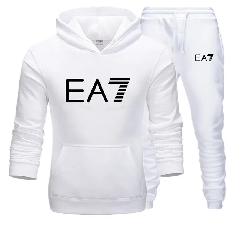 

2019 Brand Tracksuit Fashion EA7 Men Sportswear Two Piece Sets All Cotton Fleece Thick hoodie+Pants Sporting Male Suit