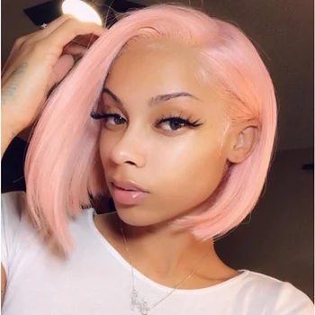 

Ombre Colored Lace Front Human Hair Wigs Short Straight Bob 130% Pink Brazilian Remy For Black Women 13*4 Pre Plucked Bleached