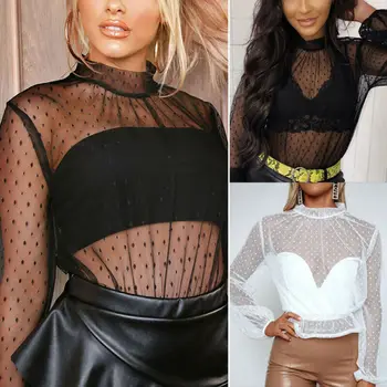 

Women's Mesh Fishnet Shirt Summer Crop Top Casual Long sleeve Shirt Sexy Dot Perspective Waist Loose Girls Tops Blouse Shirt