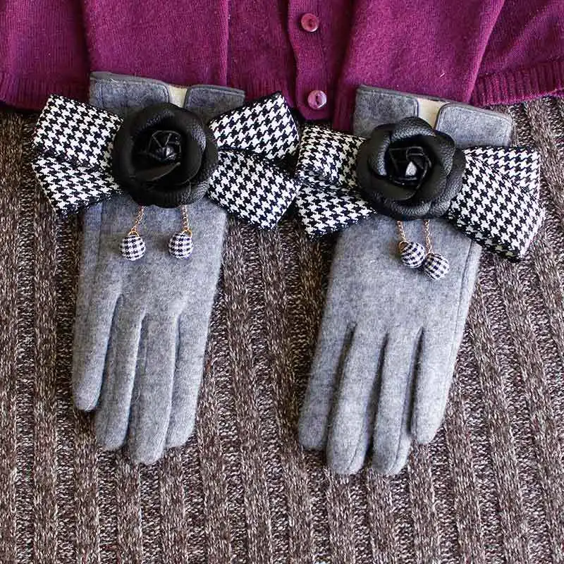Кашемировые перчатки плюс бархатные толстые женские теплые перчатки для вождения дизайн "гусиная лапка" Камелия тонкие сенсорные шерстяные перчатки женские зимние