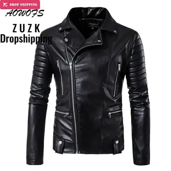 

Drop ShippingAOWOFS Leather JacketsMen Slash ZipperMotorcycleJackets Black Rider jaqueta de couro masculino fashion men clothing