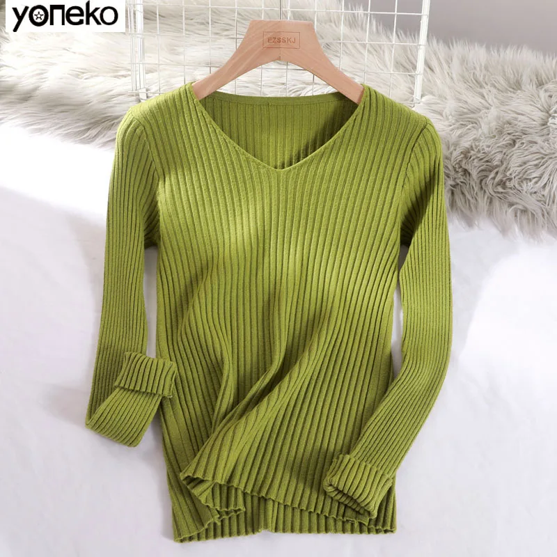 

2020 Basic V-neck Solid Autumn winter Sweater Pullover Women Female Knitted sweater slim long sleeve badycon Sweater cheap KM33