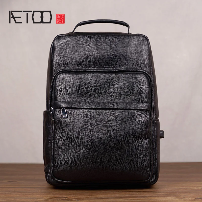 

AETOO Men's leather backpack, casual first layer leather backpack, computer bag, large capacity travel bag