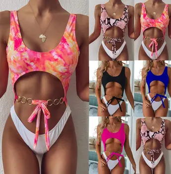 

Sexy Cut Out One Piece Bathing Suit Monokini Printed Bandage Swimsuit Ring Decoration Push Up Swimwear Women Bodysuit Beach Wear