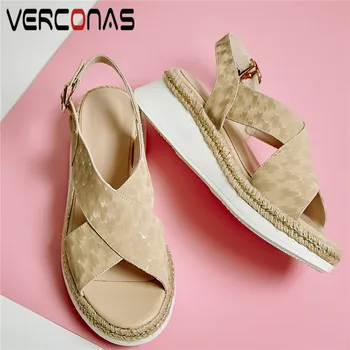 

VERCONAS Women New Arrival High Heeled Genuine Leather Round Toe Wedge Heel Casual Shoes Summer High Quality Sandals Shoes Woman