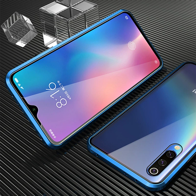 Blue Двусторонний чехол из металлического стекла с магнитной адсорбцией на 360 градусов для Xiaomi mi CC 9 9E 9T Red mi Note 7 K20 Pro CC9 чехол для телефона - Цвет: Blue