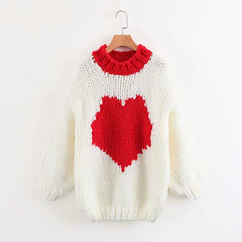 Супер шикарный красный джемпер сердце пуловеры с длинным рукавом О-образным вырезом Осень Зима Женский свитер черный овечья шерсть мохер Рождественский свитер