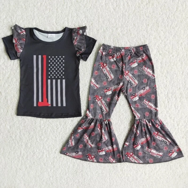 Ropa de moda para bebé niña, conjunto de manga corta con volantes negros, camisa de EE. UU., camión de bomberos, pantalones con campanas Rojas, venta al mayor|set de ropa|