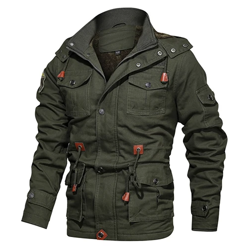 TACVASEN зимняя флисовая куртка-карго с капюшоном мужская повседневная хлопковая военная куртка-бомбер теплая ветрозащитная парка пальто с несколькими карманами - Цвет: Army Green
