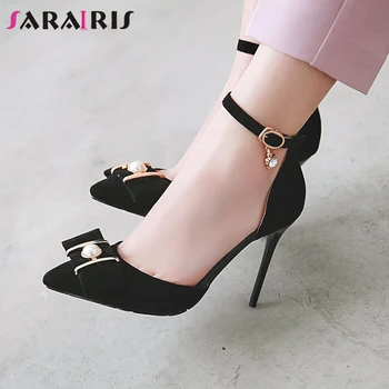 

SARAIRIS Plus Size 31-46 New Lady Party Ol Sexy Sandals Ankle Strap Sandals Women Fashion Bowtie Thin High Heels Shoes Woman